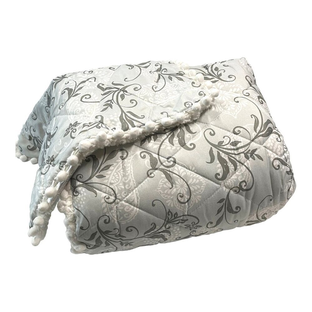 Pom-Pom Throw Blanket‎ and Pillow Set Blue Silver Grey Scroll